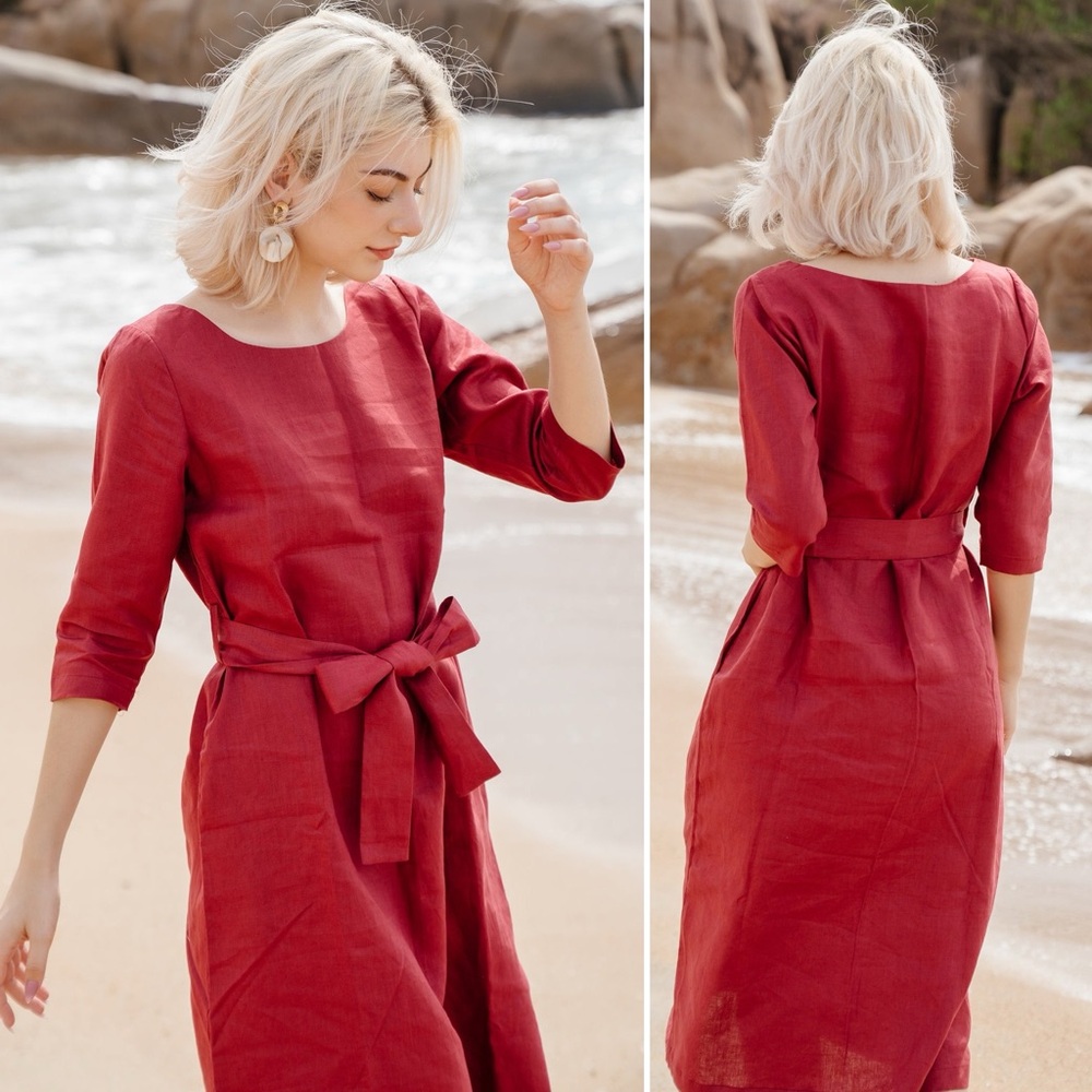 Hannah Canvas Linen Midi Dress Berry L Pockets Tie Waist NWOT Lagenlook Casual